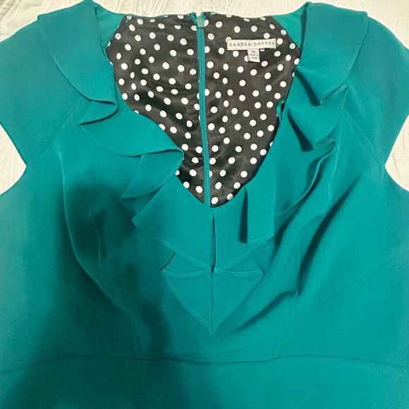 Sandra Darren Teal Ruffle Sheath Dress Size 10 Sleeveless Career - Picture 4 of 6